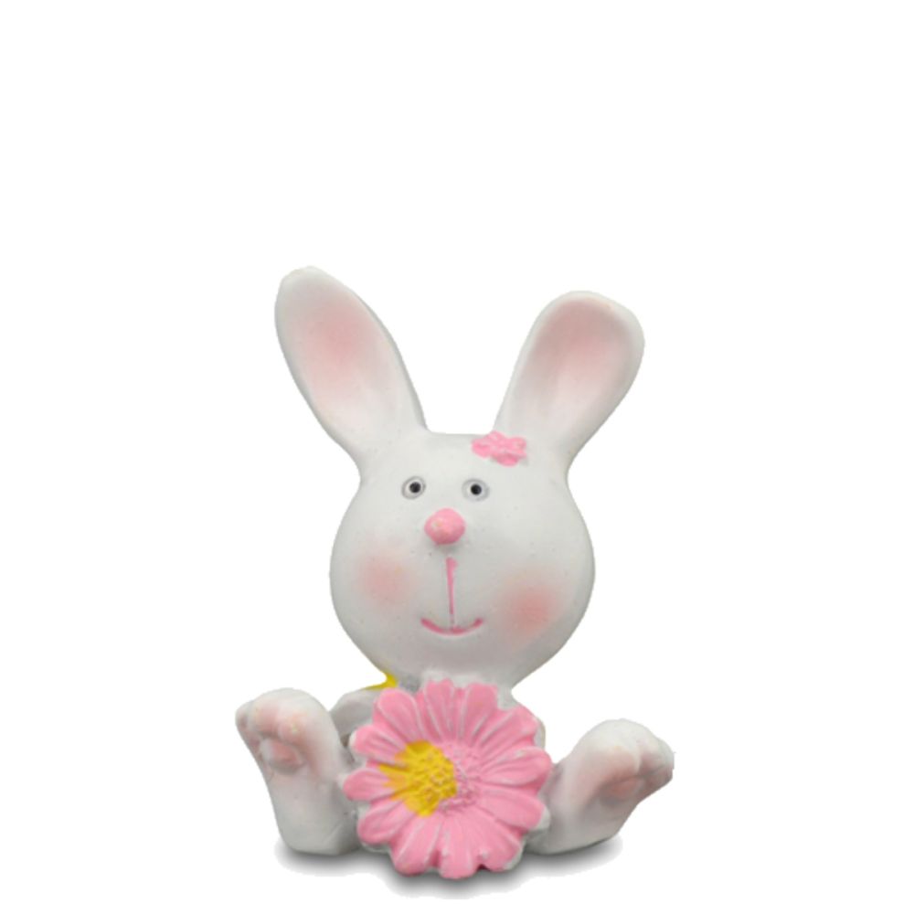 Zittend Paashaasje met Roze Bloem - 5 cm -   - Polyresin -